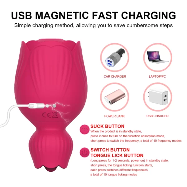 Dubbel huvud Rose Toy USB magnetisk snabbladdning