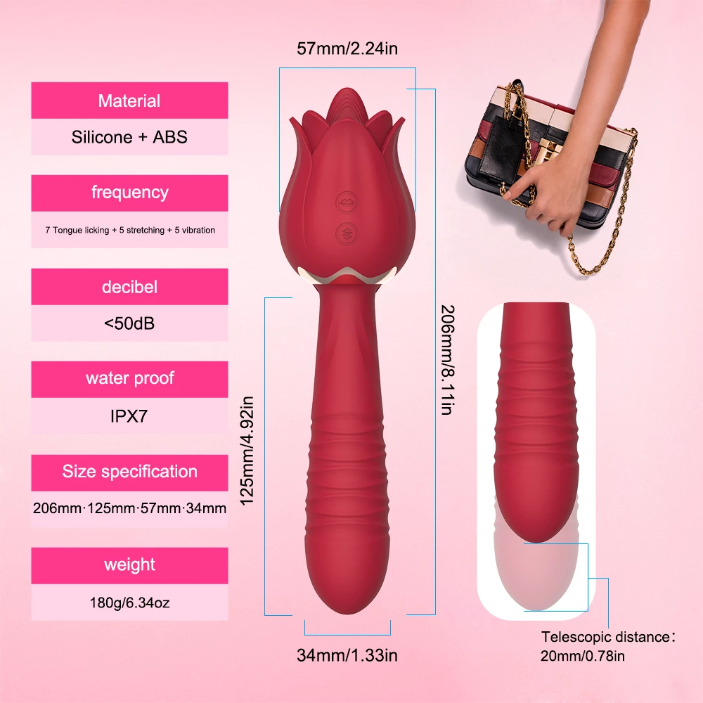 Giocattolo a rosa con dildo a spinta Dimensione del prodotto del giocattolo sessuale a rosa