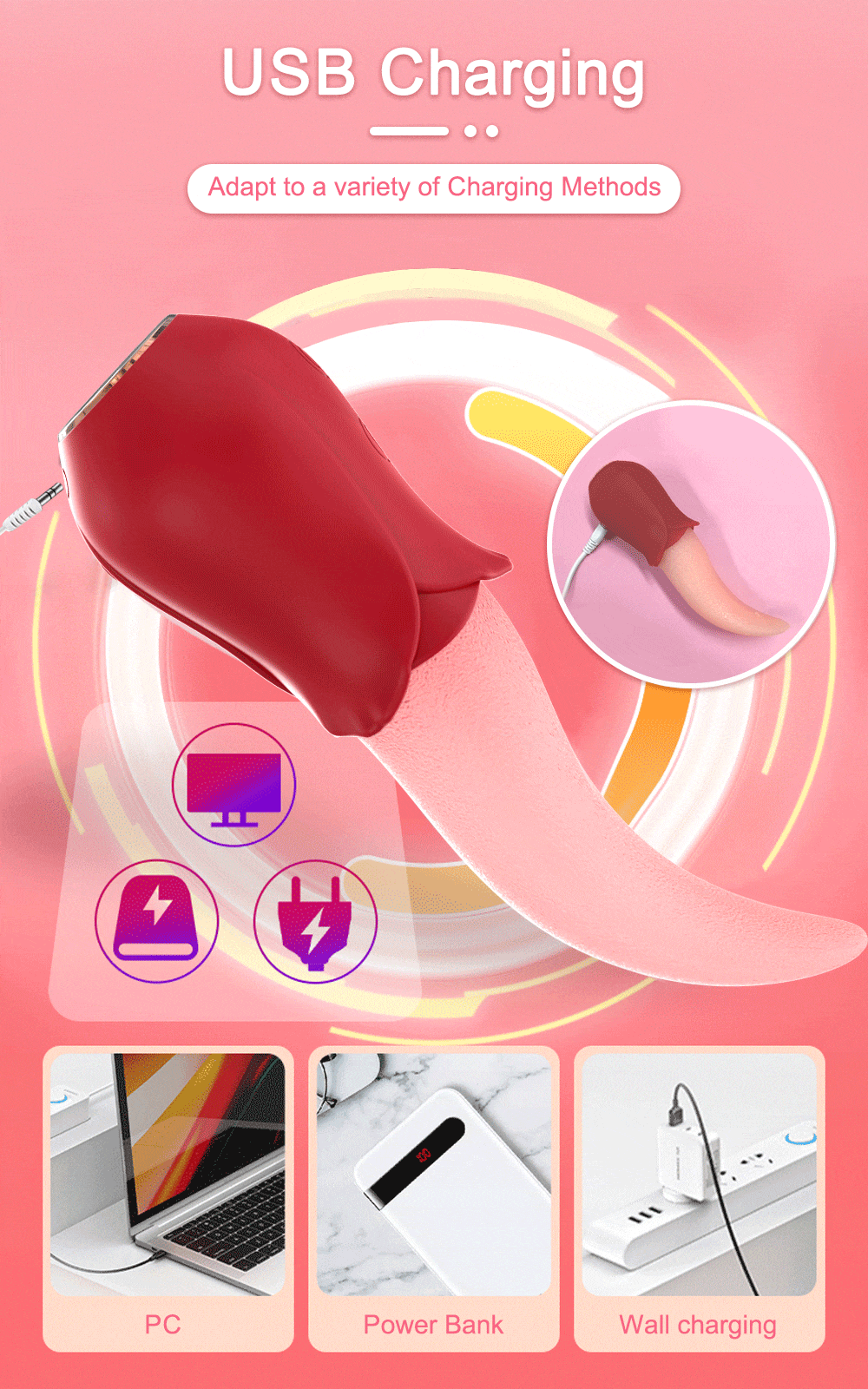 Vibrador rosa para lamer la lengua Carga USB
