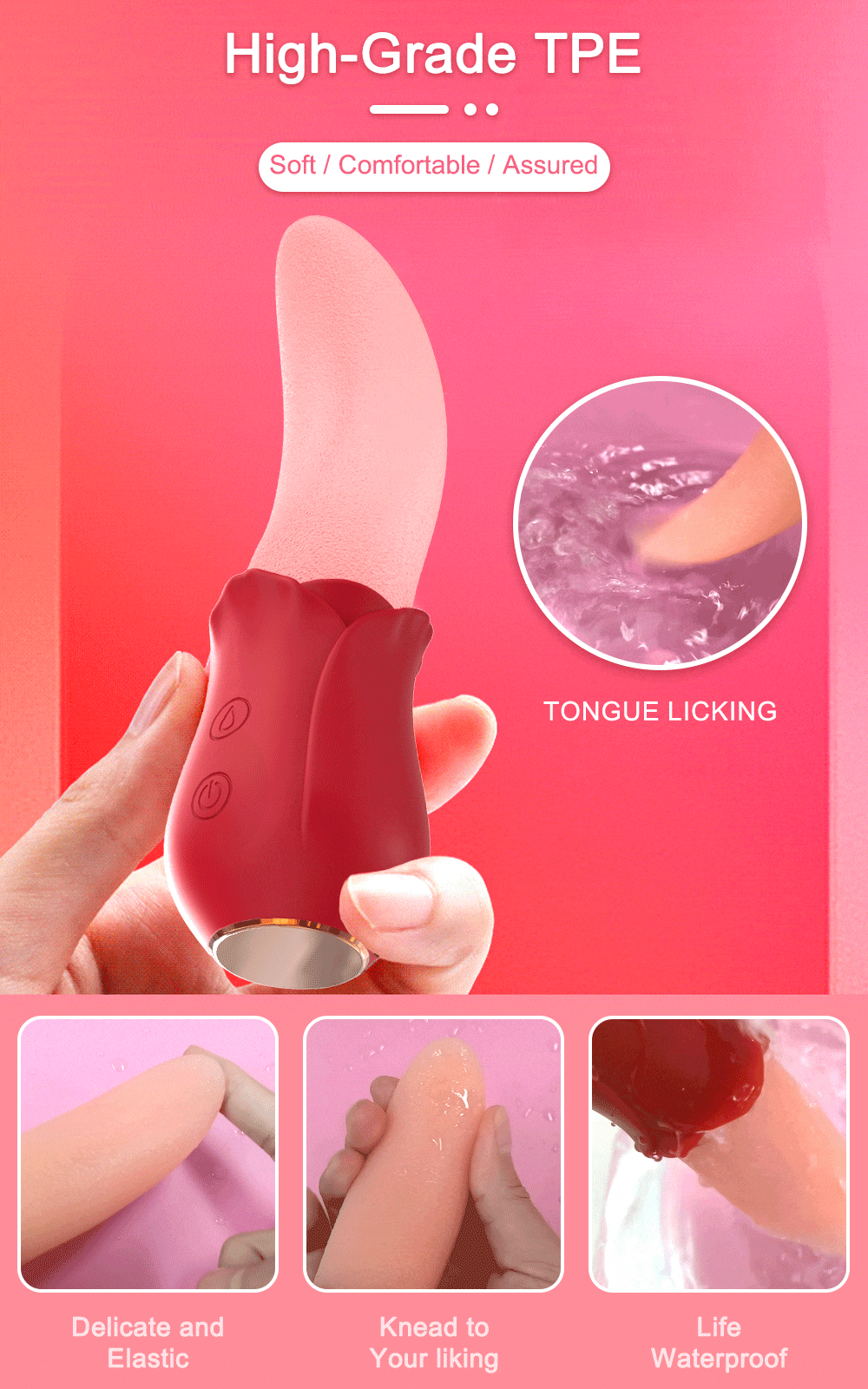 Vibrador rosa para lamer la lengua TPE de alta calidad